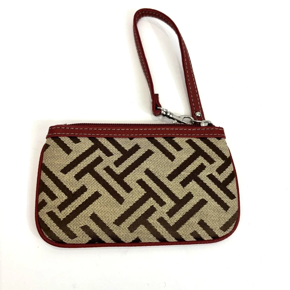 Tignanello Logo Wristlet Clutch‎ Bag Small Brown Red Trim Canvas Zip Top
